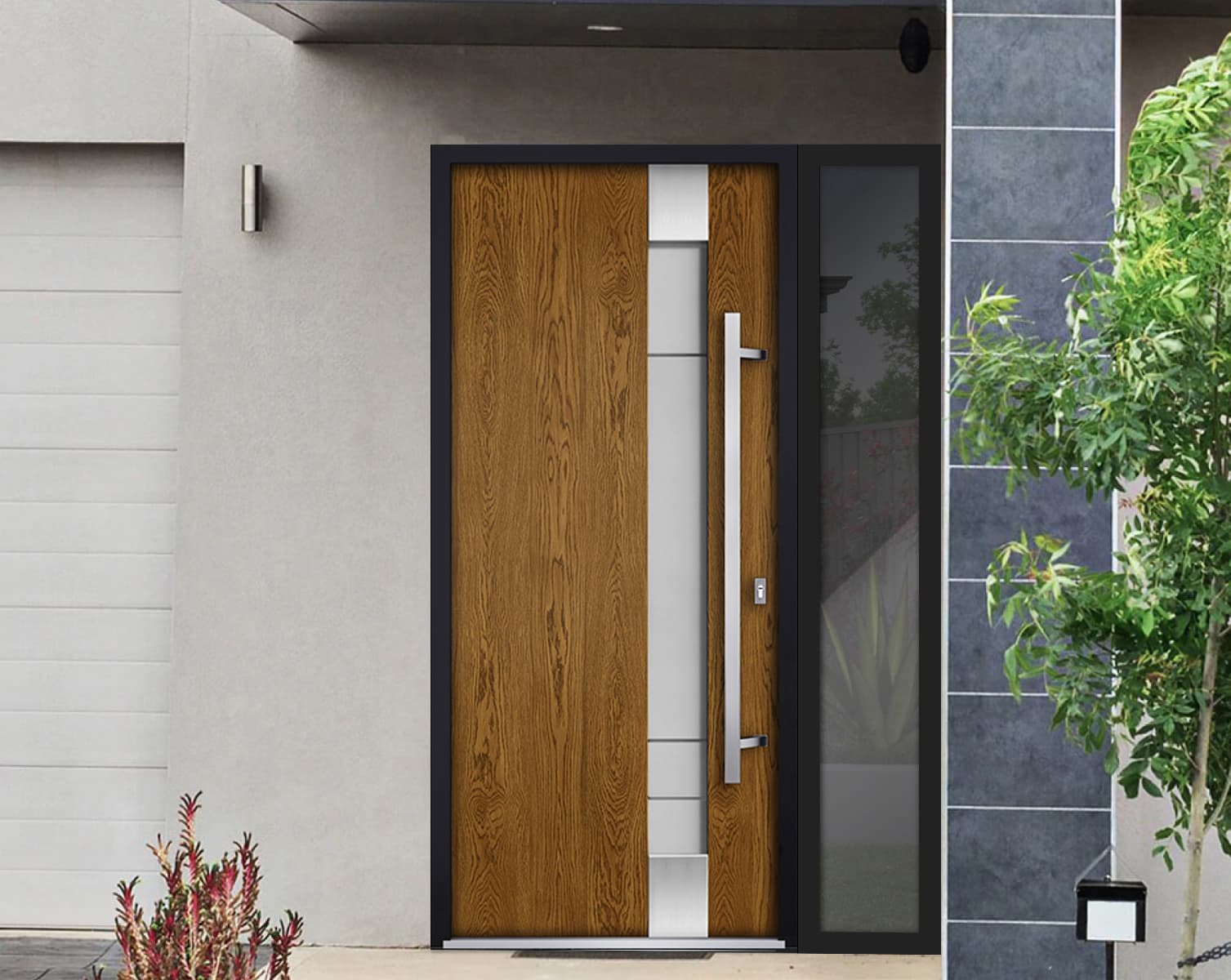 Single Modern Steel Exterior Door Deux 1713 Natural Oak 8ft - 8