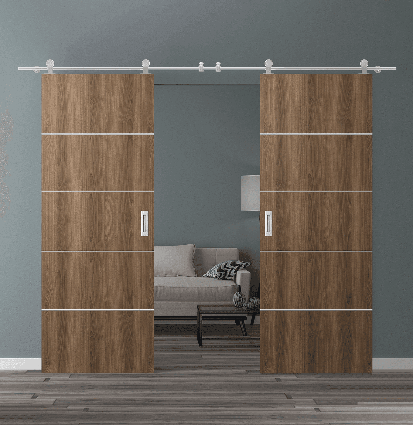 OPTIMA 4H PECAN NUTWOOD DOUBLE BARN DOORS BELLDINNI MODERN INTERIOR DOOR - 1